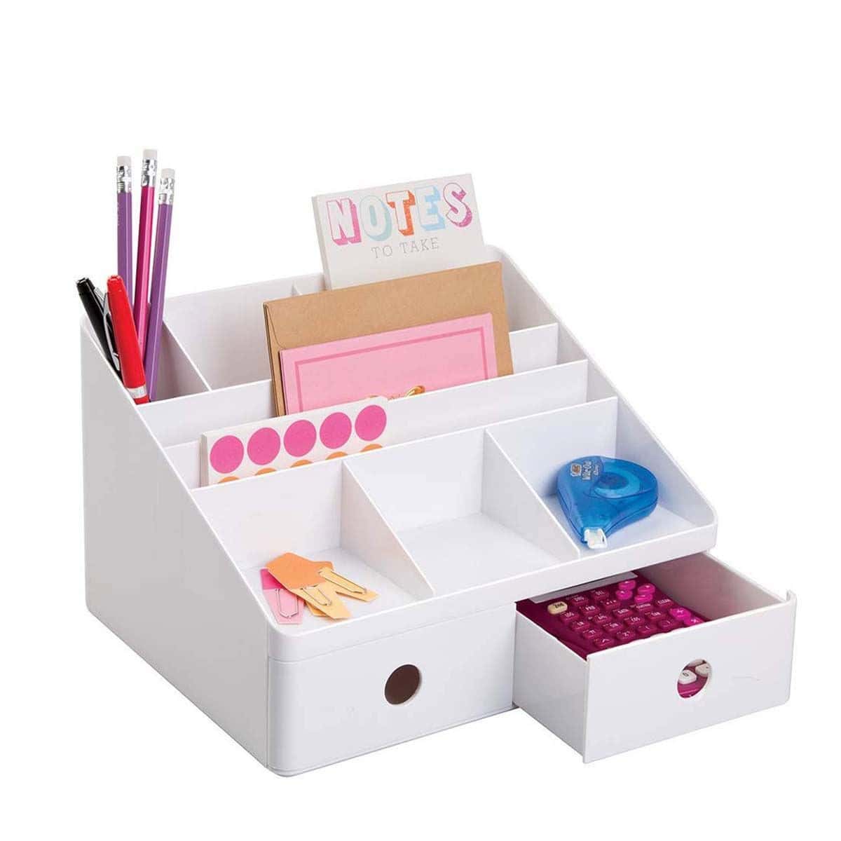 Organisateur De Bureau Blanc 7 Compartiments 2 Tiroirs