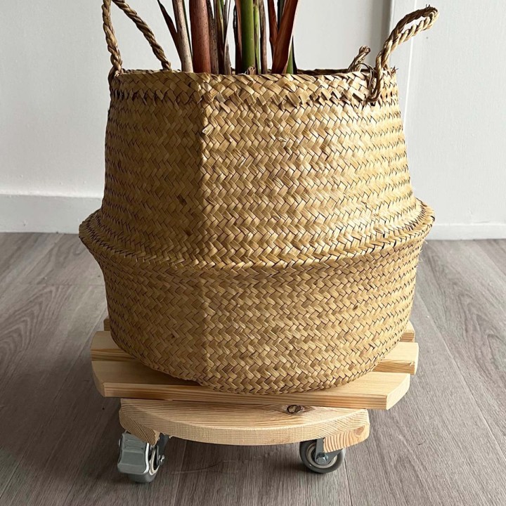 Roule pot en bois 38 cm de diamètre - Roues en métal et freins