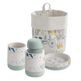 Lot Distributeur de Savon. Porte Brosse à Dents. Porte Savon + 1 pochon en Polycoton Offert - Polyresine (Ours)