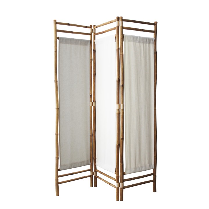 Paravent d'intérieur en tissu blanc et bambou