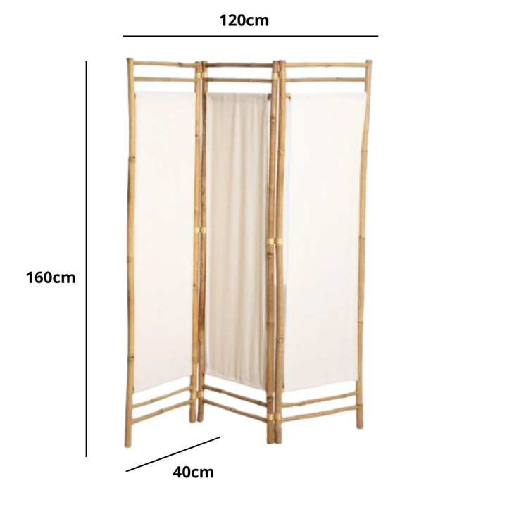 Paravent d'intérieur en tissu blanc et bambou