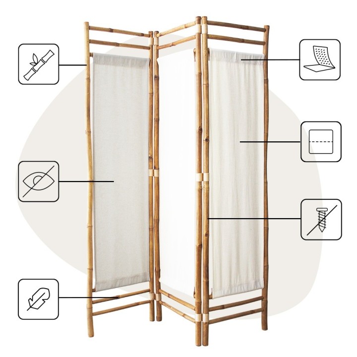Paravent d'intérieur en tissu blanc et bambou