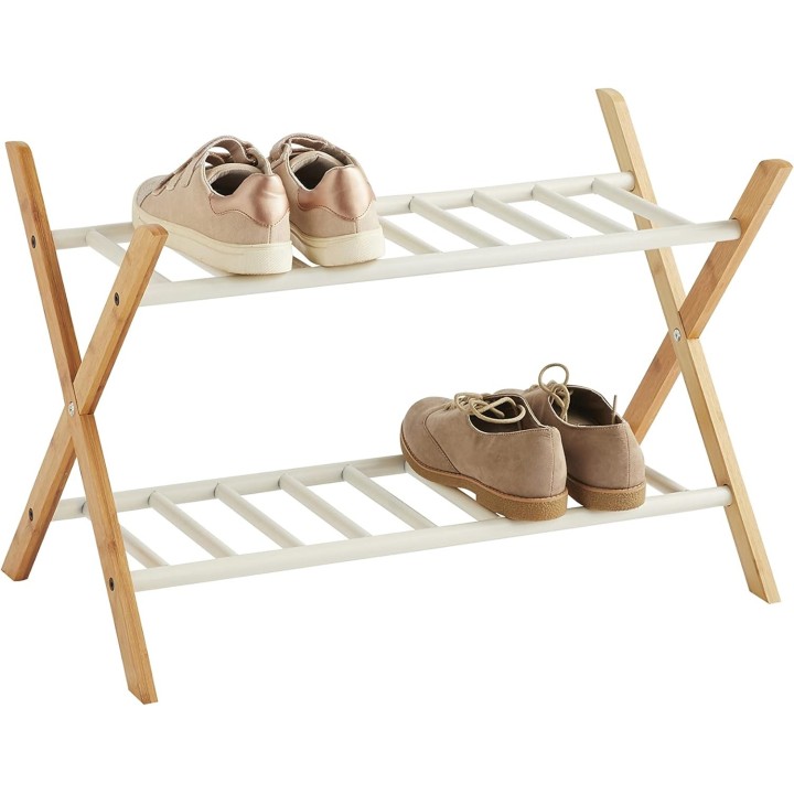 Étagère à chaussures avec 2 niveaux en bambou naturel et métal 66 x 35,5 x 42 cm