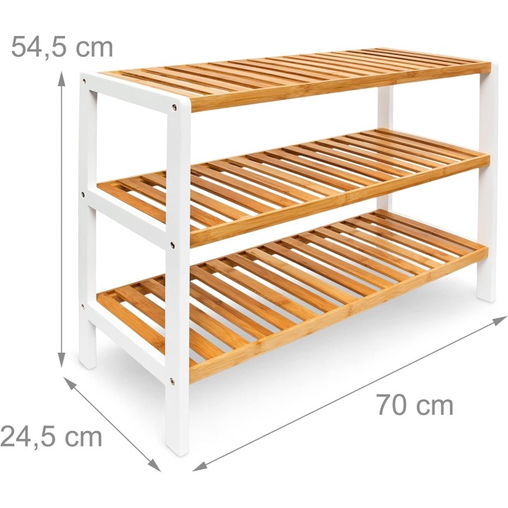 Étagère à chaussures avec 3 niveaux en bambou naturel et blanc 69,5 x 26 x 54,5 cm