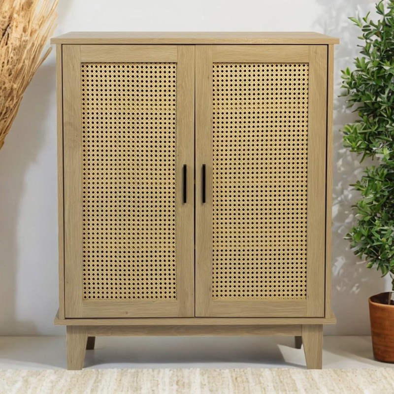 Detail of Commode avec 2 portes et 3 étagères cannage effet bois naturel 80 x 34 x 96 cm