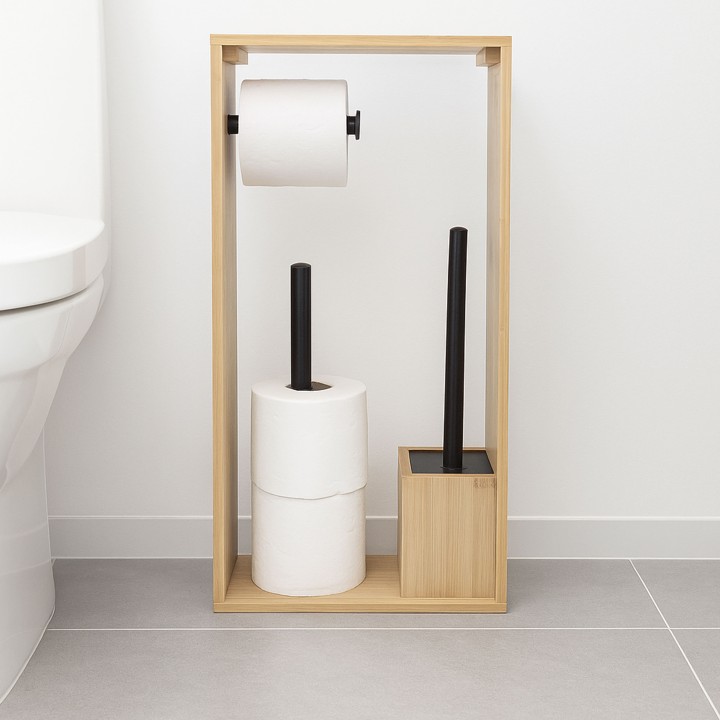 Porte-papier toilette et brosse wc en bambou naturel et noir