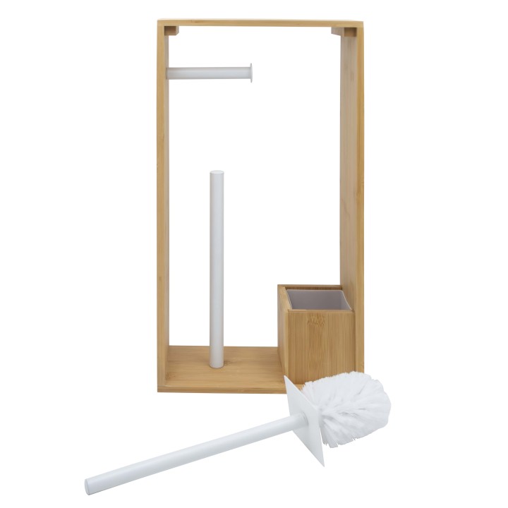 Porte-papier toilette et brosse wc en bambou naturel et blanc