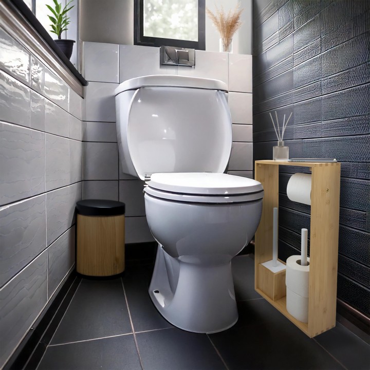 Porte-papier toilette et brosse wc en bambou naturel et blanc