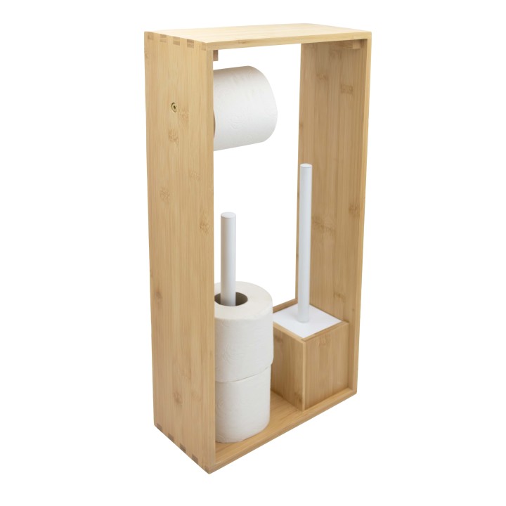 Porte-papier toilette et brosse wc en bambou naturel et blanc