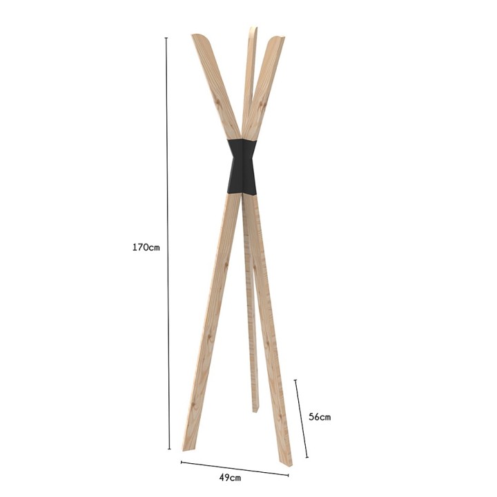 Porte-manteaux tipi sur pieds avec 3 crochets en bois naturel et noir