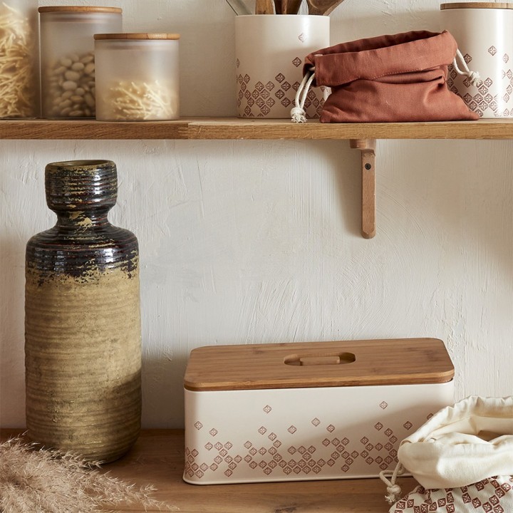 Boîte à pain en métal blanc et bois naturel motif bohemia