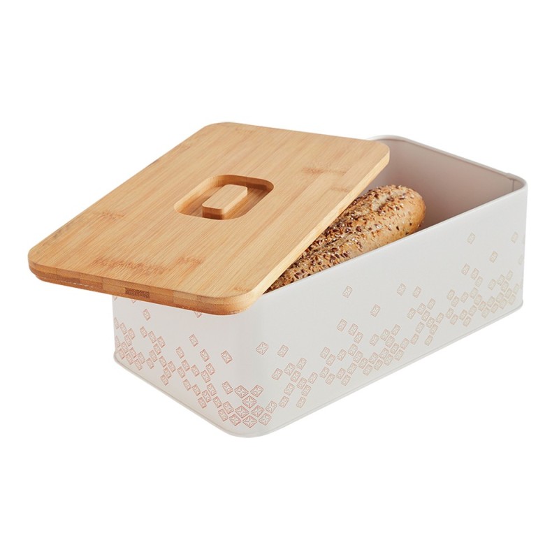 Detail of Boîte à pain en métal blanc et bois naturel motif bohemia