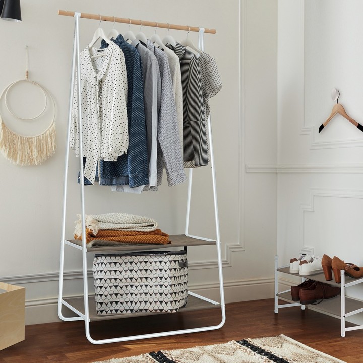 Portant à vêtements bois, métal blanc et tissu beige