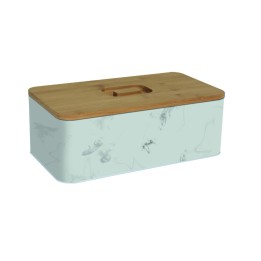 Boîte à pain en métal blanc effet marbre et bois 33 x 18 x 12 cm