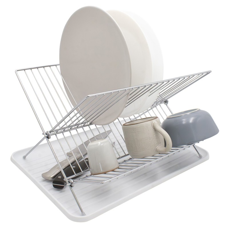 Detail of Egouttoir en inox avec un plateau en plastique blanc