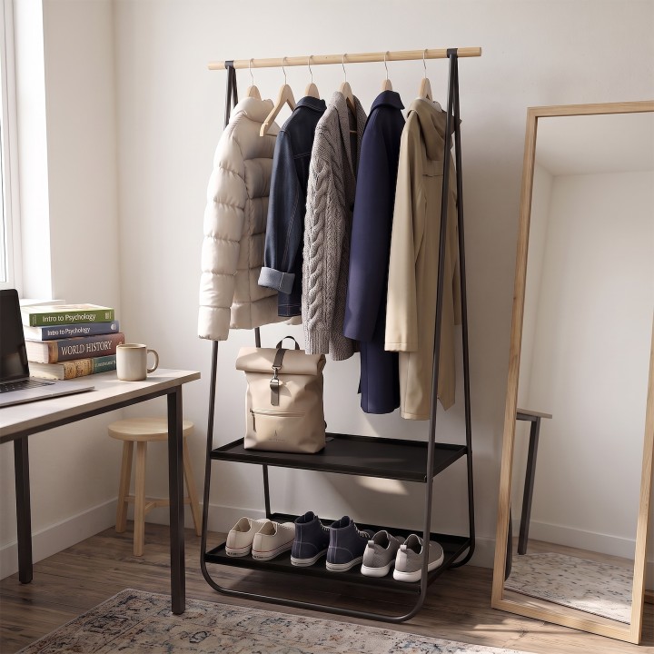 Portant à vêtements noir avec 2 étagères à chaussures