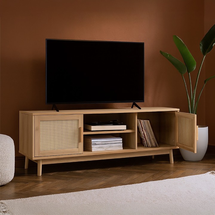Meuble télé en bois cannage