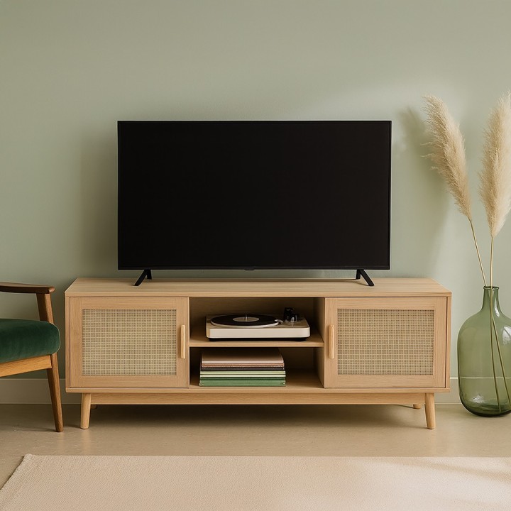 Meuble télé en bois cannage