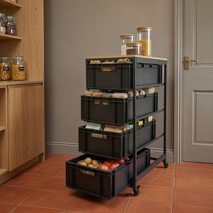 Desserte d'atelier en métal noir et effet bois
